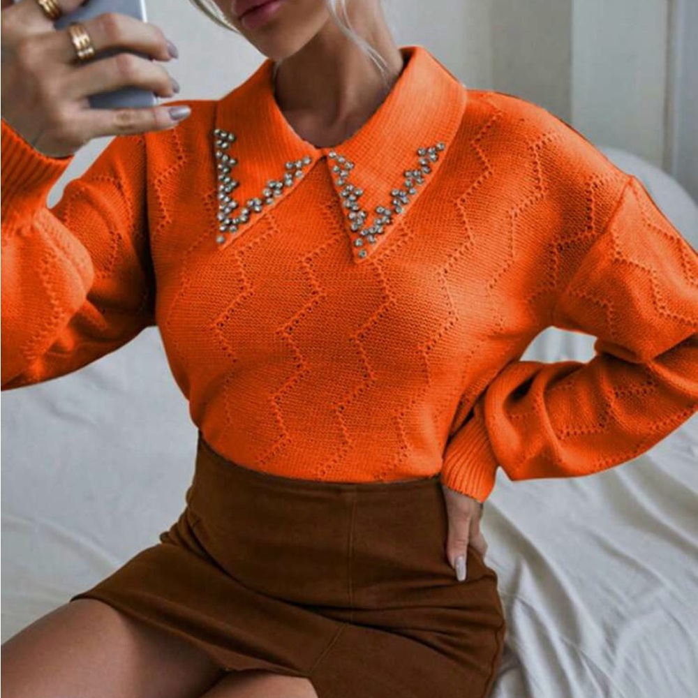 Rhinestone Detail Drop
Shoulder Pointelle Knit sweater